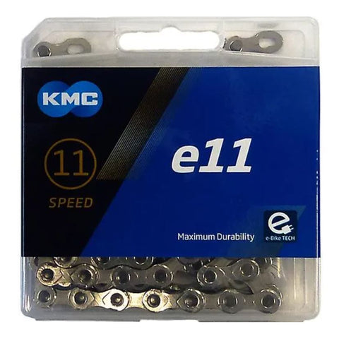 CHAIN - KMC 11 Speed E11 Chain, 1/2 x 11/128" x 122L, silver/silver, w/CL555-NP connector (Ebike Chain, higher pin power for e-Bike torque)