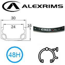 Alex RIM 20" x 24mm - ALEX G303 - 48H - (406 x 24) - Schrader Valve - Rim Brake - S/W - BLACK - MSW - (396 ERD)
