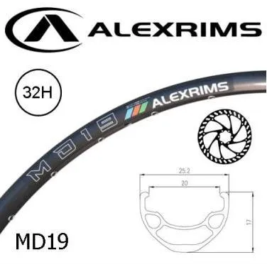 Alex RIM 26" x 20mm - ALEX MD19 - 32H - (559 x 20) - Schrader Valve - Disc Brake - D/W - BLACK - Eyeleted - Tubeless Ready - (Requires AV tubless valve)