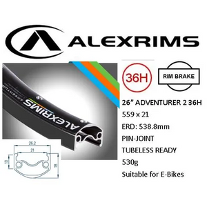Alex RIM 26" x 21mm - ALEX Adventurer2 - 36H - (559 x 21) - Presta Valve - Rim Brake - D/W - BLACK - Tubeless Ready - (E-bike Compatible) - (ERD 536mm)