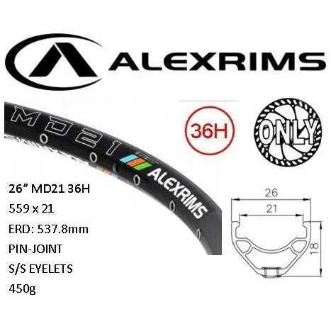 Alex RIM 26" x 21mm - ALEX MD21 - 36H - (559 x 21) - Schrader Valve - Disc Brake - D/W - BLACK - Eyeleted - Tubeless Ready - (Requires AV tubless valve)