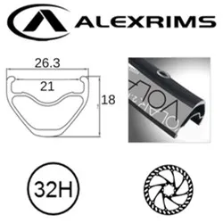 Alex RIM 26" x 21mm - ALEX VOLAR 2.1 - 32H - (559 x 23) - Presta Valve - Disc Brake - D/W - BLACK - Eyeleted - Tubeless Ready