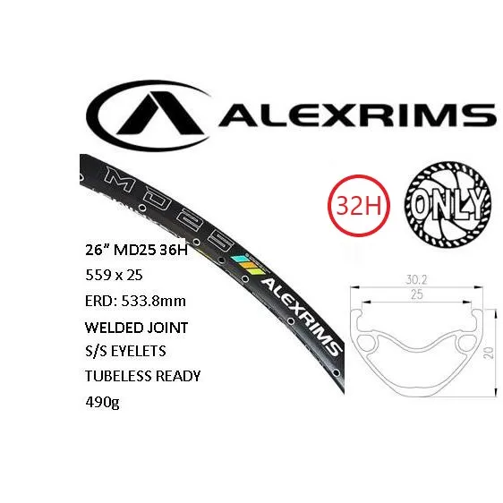 Alex RIM 26" x 25mm - ALEX MD25 - 32H - (559 x 25) - Schrader Valve - Disc Brake - D/W - BLACK - Eyeleted - Tubeless Ready - (ERD 533) - (Requires AV tubless valve)