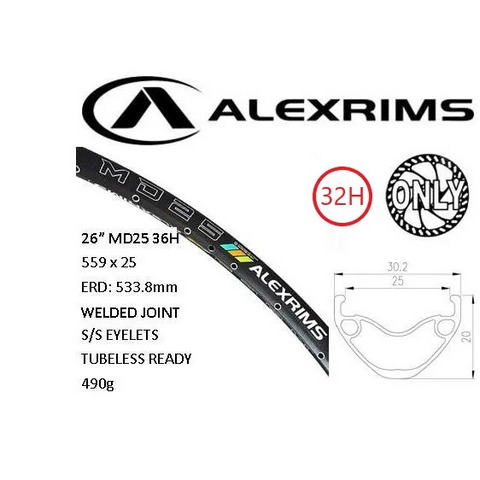 Alex RIM 26" x 25mm - ALEX MD25 - 32H - (559 x 25) - Schrader Valve - Disc Brake - D/W - BLACK - Eyeleted - Tubeless Ready - (ERD 533) - (Requires AV tubless valve)