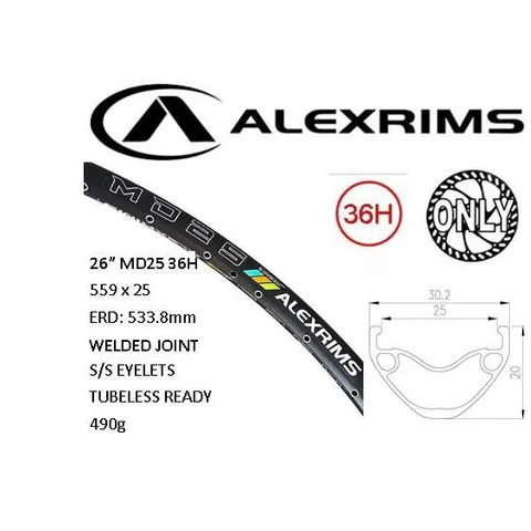 Alex RIM 26" x 25mm - ALEX MD25 - 36H - (559 x 25) - Schrader Valve - Disc Brake - D/W - BLACK - Eyeleted - Tubeless Ready - (ERD 533) - (Requires AV tubless valve)