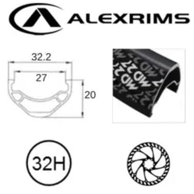 Alex RIM 27.5/650B x 27mm - ALEX MD27 - 32H - (584 x 27) - Presta Valve - Disc Brake - D/W - BLACK - Eyeleted - Tubeless Ready - (ERD 559)