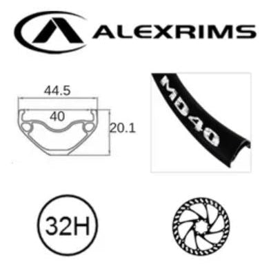 Alex RIM 27.5/650B x 40mm - ALEX MD40 - 32H - (584 x 40) - Presta Valve - Disc Brake - D/W - BLACK - Eyeleted - Tubeless Ready