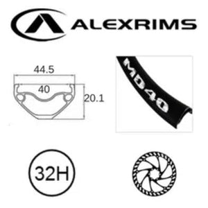 Alex RIM 27.5/650B x 40mm - ALEX MD40 - 32H - (584 x 40) - Presta Valve - Disc Brake - D/W - BLACK - Eyeleted - Tubeless Ready