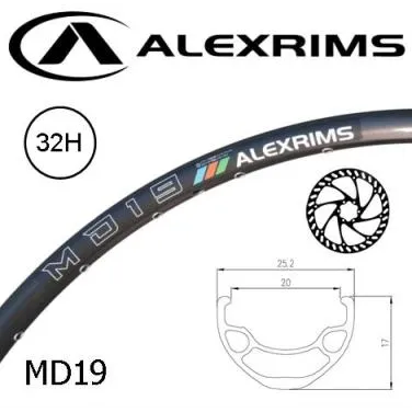 Alex RIM 29er x 20mm - ALEX MD19 - 32H - (622 x 20) - Schrader Valve - Disc Brake - D/W - BLACK - Eyeleted - Tubeless Ready - (ERD 598mm) - (Requires AV tubless valve)
