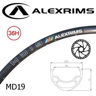 Alex RIM 29er x 20mm - ALEX MD19 - 36H - (622 x 20) - Schrader Valve - Disc Brake - D/W - BLACK - Eyeleted - Tubeless Ready - (ERD 598mm) - (Requires AV tubless valve)