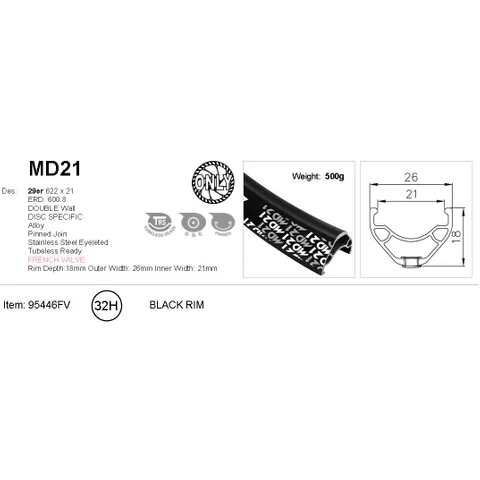 Alex RIM 29er x 21mm - ALEX MD21 - 32H - (622 x 21) - Presta Valve - Disc Brake - D/W - BLACK - Eyeleted - Tubeless Ready