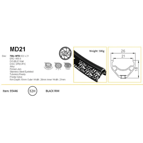 Alex RIM 29er x 21mm - ALEX MD21 - 32H - (622 x 21) - Schrader Valve - Disc Brake - D/W - BLACK - Eyeleted - Tubeless Ready - (Requires AV tubless valve)