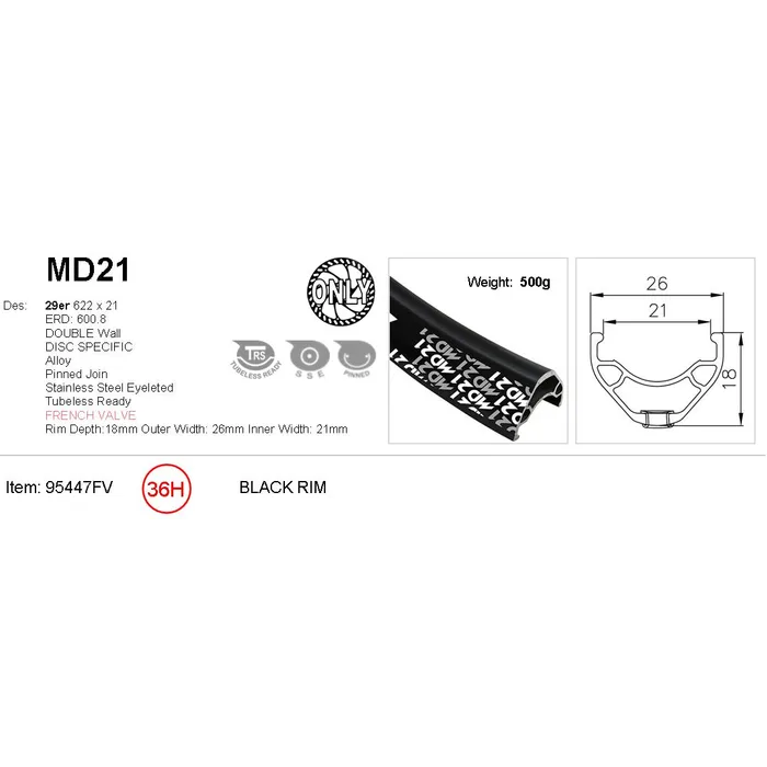 Alex RIM 29er x 21mm - ALEX MD21 - 36H - (622 x 21) - Presta Valve - Disc Brake - D/W - BLACK - Eyeleted - Tubeless Ready