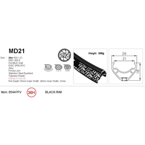 Alex RIM 29er x 21mm - ALEX MD21 - 36H - (622 x 21) - Presta Valve - Disc Brake - D/W - BLACK - Eyeleted - Tubeless Ready
