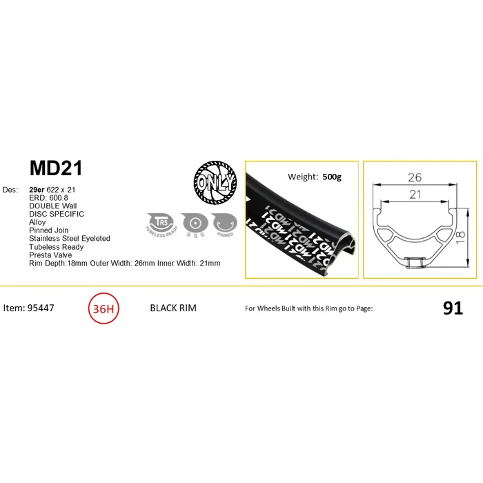 Alex RIM 29er x 21mm - ALEX MD21 - 36H - (622 x 21) - Schrader Valve - Disc Brake - D/W - BLACK - Eyeleted - Tubeless Ready - (Requires AV tubeless valve)