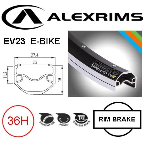 Alex RIM 29er x 23mm - ALEX EV23 - 36H - (622 x 23) - Schrader Valve - Rim Brake - D/W - BLACK - Eyeleted - MSW - Tubeless Ready - (Requires AV tubless valve) - (ERD 600mm)