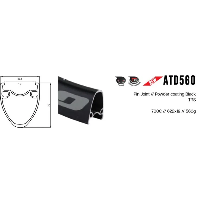 Alex RIM 700c x 19mm - ALEX ATD560 - 24H - (622 x 19) - Presta Valve - Disc Brake - D/W - BLACK - Tubeless Ready