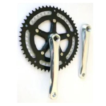 CHAINWHEEL SET 170mm x 42T/52T, Double with BLACK Steel Chain Rings, Diamond Taper, Alloy, SILVER Cranks