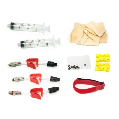 Clarks Bleed Kit , AVID compatible incs Turn-Lock Syringes X 2, Bleed Adapters with lock out feature X 3, Velcro Tie X 1, Pair Latex Gloves X 1, Bleed Block X 1