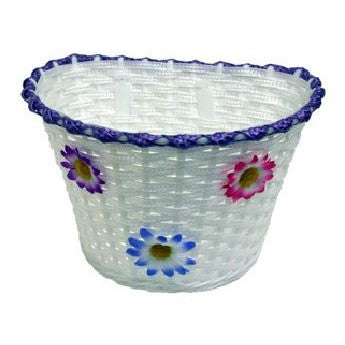 Flinger BASKET, Kids, White Woven with LILAC/PURPLE strip and small flowers, Plastic, 12-16" bikes