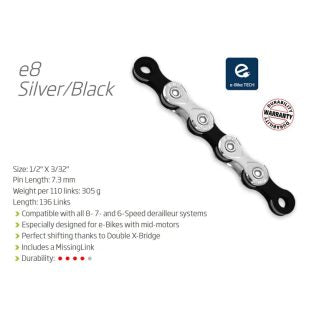 KMC CHAIN - 6-8 Speed - KMC E8 - 136L - SILVER/BLACK - w/Connect Link