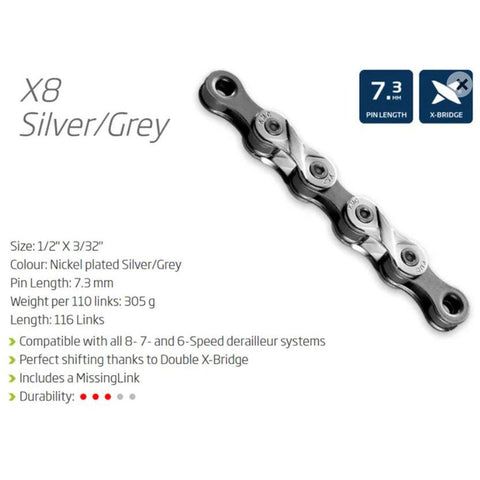 KMC CHAIN - 6-8 Speed - KMC X8.93 - 116L - SILVER/GREY - w/Connect Link
