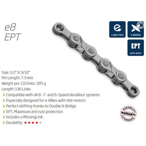 KMC CHAIN - 8 Speed - KMC E8 EPT - 136L - DARK SILVER - EcoPro TeQ Coating - w/Connect Link - EXTRA LONG - (Ebike Chain, higher pin power for e-Bike torque)