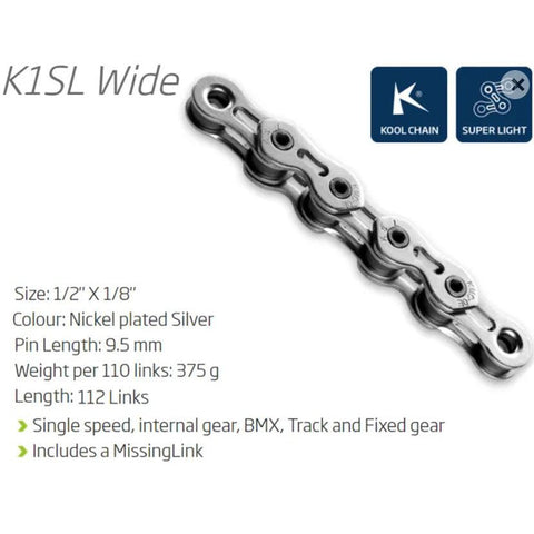 KMC CHAIN - Single Speed - KMC K1SL - 112L - SILVER - w/Connect Link