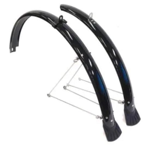 MUDGUARD SET 700c, Front (w/1 x stay) & Rear (w/2 x stays) metal fittings, BLACK (44mm Wide) (Mounting bolts NOT included)