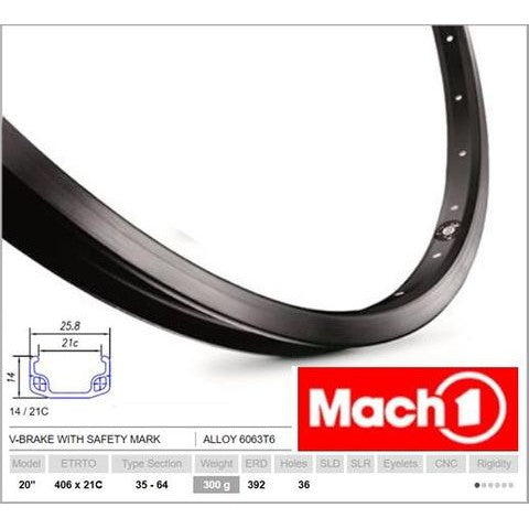 Mach 1 RIM 20" x 21mm - Mach1 110 - 36H - (406 x 21) - Schrader Valve - Rim Brake - S/W - BLACK - (ERD 392)