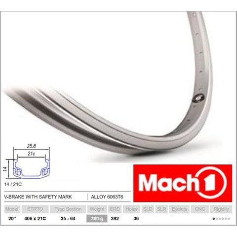 Mach 1 RIM 20" x 21mm - Mach1 110 - 36H - (406 x 21) - Schrader Valve - Rim Brake - S/W - SILVER - (ERD 392)