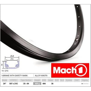 Mach 1 RIM 24" x 21mm - Mach1 110 - 36H - (507 x 21) - Schrader Valve - Rim Brake - S/W - BLACK - (ERD-494)