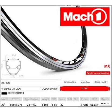 Mach 1 RIM 26" x 17mm - Mach1 MX - 32H - (559 x 17) - Presta Valve - Disc Brake - D/W - BLACK - - (ERD 534)