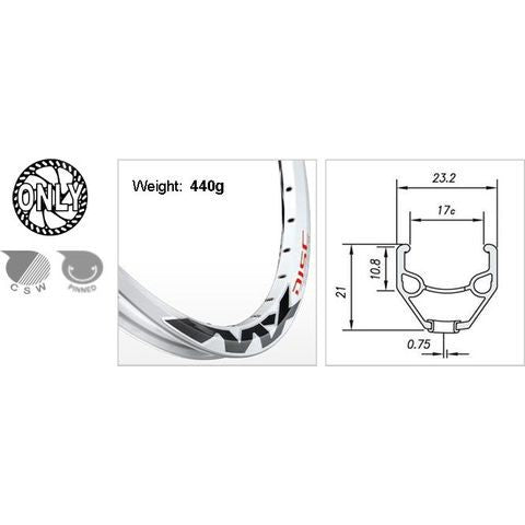 Mach 1 RIM 26" x 17mm - Mach1 MX-Disc - 36H - (559 x 17) - Schrader Valve - Disc Brake - D/W - WHITE - Eyeleted - - (534mm ERD)