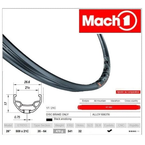 Mach 1 - RIM 26" x 21mm - Mach1 630 - 32H - (559 x 21) - Presta Valve - Disc Brake - D/W - BLACK - - (ERD 541)