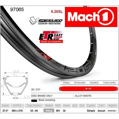 Mach 1 RIM 27.5/650B x 21mm - Mach1 5.20 SL - 32H - (584 x 21) - Presta Valve - Disc Brake - D/W - BLACK - Eyeleted - Tubeless Ready - - (ERD 561)