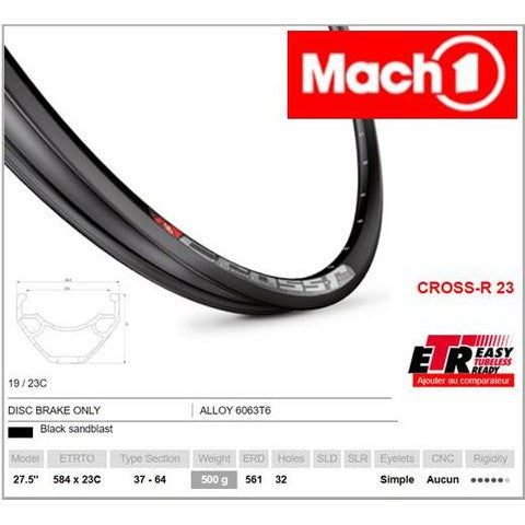 Mach 1 RIM 27.5/650B x 23mm - Mach1 CROSS R 23 - 32H - (584 x 23) - Presta Valve - Disc Brake - D/W - BLACK - Eyeleted - Tubeless Ready - - (ERD 561)