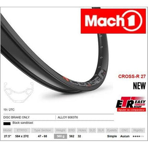 Mach 1 RIM 27.5/650B x 27mm - Mach1 CROSS R 27 - 32H - (584 x 27) - Presta Valve - Disc Brake - D/W - BLACK - Eyeleted - Tubeless Ready - - (ERD 562)