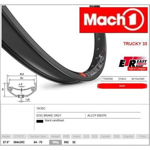 Mach 1 RIM 27.5/650B x 35mm - Mach1 TRUCKY 35 - 32H - (584 x 35) - Presta Valve - Disc Brake - D/W - BLACK - Eyeleted - Tubeless Ready - - (ERD 562)