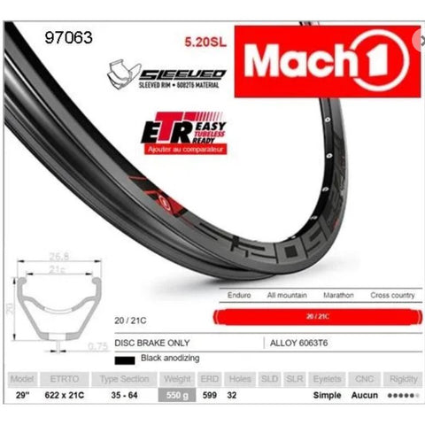 Mach 1 RIM 29er x 21mm - Mach1 5.20 SL - 32H - (622 x 21) - Presta Valve - Disc Brake - D/W - BLACK - Eyeleted - Tubeless Ready - - (ERD 599)