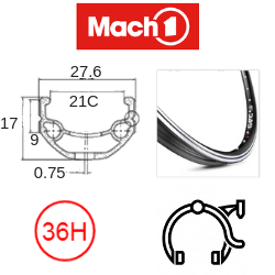 Mach 1 RIM 29er x 21mm - Mach1 670 - 36H - (622 x 21) - Schrader Valve - Rim Brake - D/W - BLACK - Eyeleted - MSW - (ERD 599)
