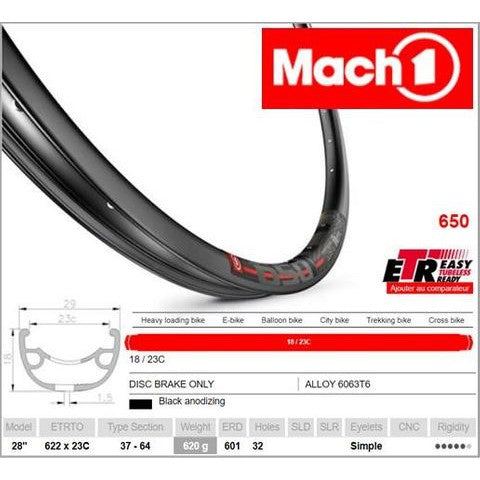 Mach 1 RIM 29er x 23mm - Mach1 650 - 32H - (622 x 23) - Presta Valve - Disc Brake - D/W - BLACK - Tubeless Ready - - (ERD 601)