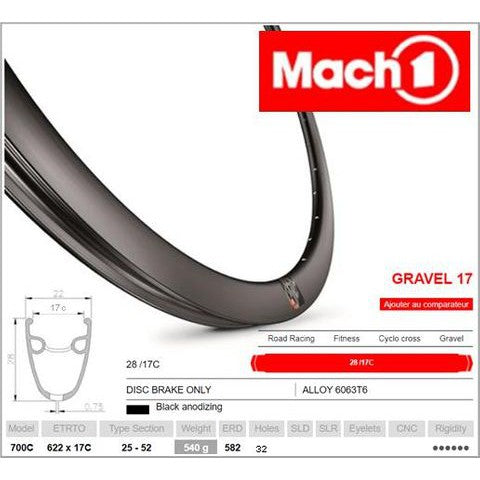Mach 1 RIM 700C x 17mm - Mach1 GRAVEL 17 - 32H - (622 x 17) - Presta Valve - Disc Brake - D/W - BLACK - - (ERD 582)