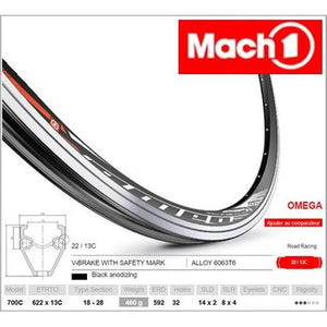 Mach 1 RIM 700c x 13mm - Mach1 OMEGA - 32H - (622 x 13) - Presta Valve - Rim Brake - D/W - BLACK - MSW - (22mm Deep) - (ERD 592)