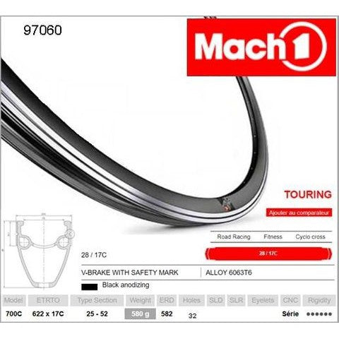 Mach 1 RIM 700c x 17mm - Mach1 TOURING - 32H - (622 x 17) - Presta Valve - Rim Brake - D/W - BLACK - MSW - (28mm Deep) - (ERD 582)