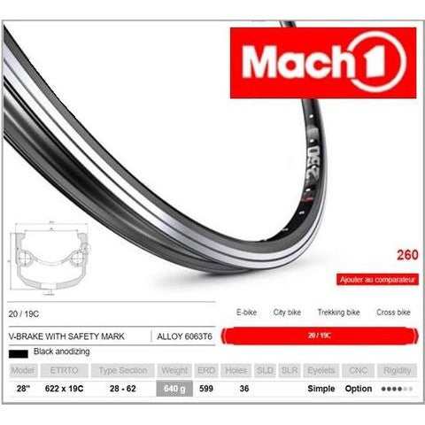 Mach 1 RIM 700c x 19mm - Mach1 260 - 36H - (622 x 19) - Schrader Valve - Rim Brake - D/W - BLACK - Eyeleted - MSW - (HEAVY LOADING BIKE/E-BIKE Compatible) - (ERD 599)