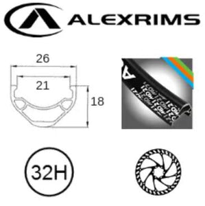 RIM ALEX 26' MD-21 , 32h Black D/w Alloy Rim With SSE, DISC SPECIFIC Non/Msw , F/v Tubeless Ready 559 x 21mmID @ 450G, ERD 537.8mm