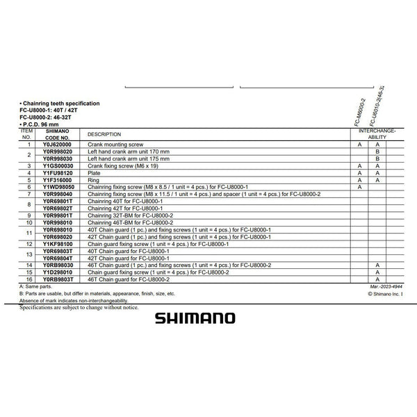 Shimano Cues FC-U8000 CHAINRING FIXING SCREW (M8X11.5/4PCS) AND SPACER 4 PCS