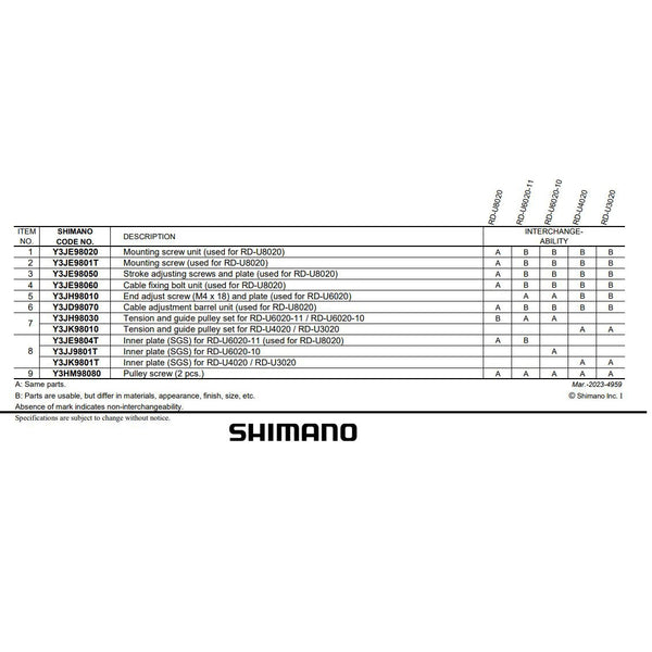 Shimano Cues RD-U6020 TENSION & GUIDE PULLEY SET for RD-U6020-11 AND RD-U6020-10