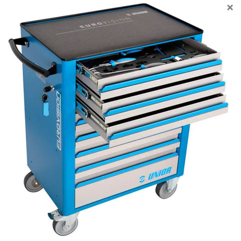 Unior Professional Mechanic Tool Carriage - 625950 - 8 Drawers - Containing a curated selection of the most used tools, 154 pieces - Dimensions 800 x 440 x 923mm
